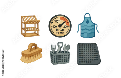 Kitchen tools icons set: dish rack, thermometer, apron, scrub brush, utensil basket, sponge
