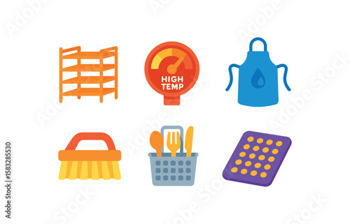 Colorful household cleaning and laundry icons set