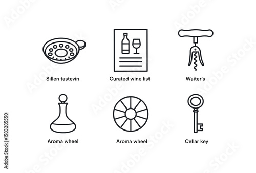 Wine tasting icons collection: tastevin, decanter, aroma wheel, corkscrew, menu, cellar key