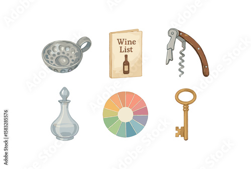 Wine tasting icons: tastevin, wine list, waiter's corkscrew, aroma tools, cellar key
