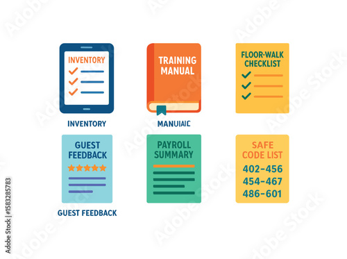 Illustrated business tools set: tablet, training manual, checklist, feedback, payroll, codes