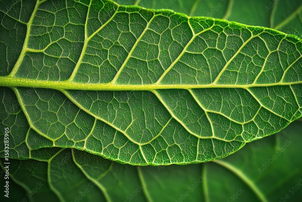 Fototapeta premium Close-up view of a detailed green leaf showcasing its intricate vein structure and texture