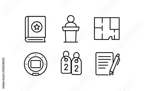 Outline icons set: checklist, speaker, blueprint, smartphone, door hangers, notepad