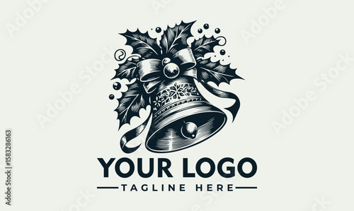 Vintage style Christmas bell logo design with holly and ribbon.
