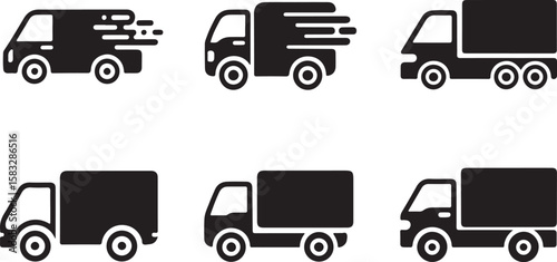 Collection of six black delivery truck icons with motion lines silhouette