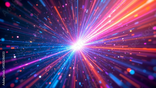 A vibrant explosion of colorful light streaks and particles radiates from a bright central point, creating a dynamic and futuristic visual effect.