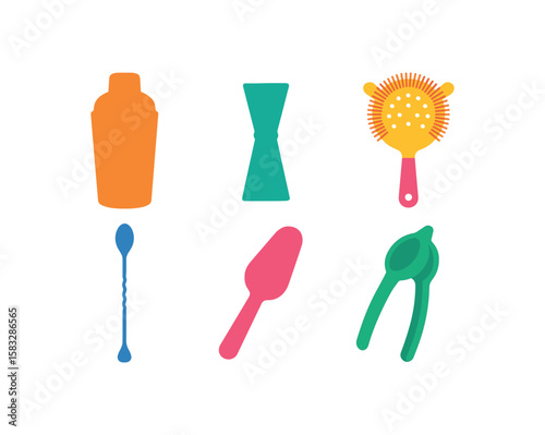 Watercolor cocktail tools set with shaker, jigger, spoon, strainer, scoop, lemon squeezer