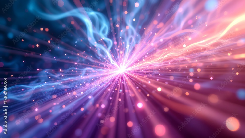 Naklejka premium A vibrant digital explosion of radiant blue and pink light beams with glowing particles emanating from a central bright point.