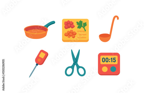 Colorful kitchen utensils and tools icon set
