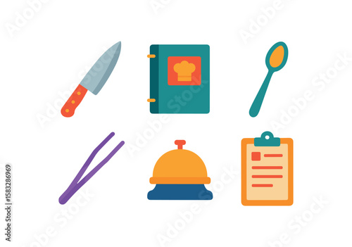 Kitchen tools and recipe book illustration with knife and spoon