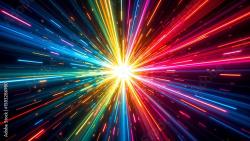 A vibrant explosion of multicolored light streaks radiates from a bright central point, creating a dynamic and energetic visual effect.