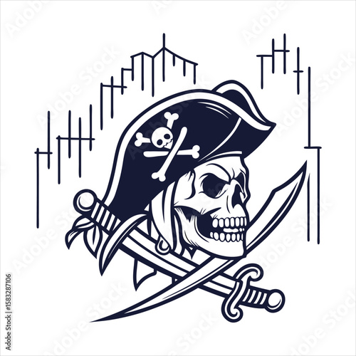 Retro skull with candlestick charts and cross for trading apparel design
