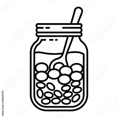 Line art illustration of mason jar with beans and spoon