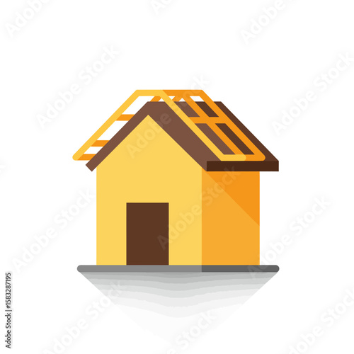 Simple flat illustration of a yellow house under construction with visible roof framing and a brown door.