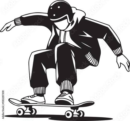 Dynamic skateboarder performing a trick in a bold black and white silhouette style