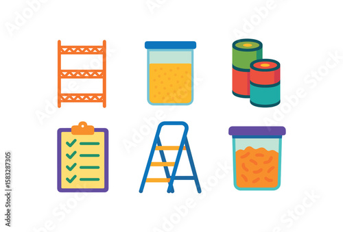 Watercolor kitchen inventory items: shelf, dispenser, cans, clipboard, ladder