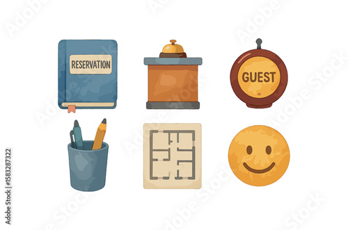 Warehouse items: shelf, box, canisters, checklist, ladder, container icons