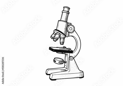 Illustration of a vintage microscope with multiple lenses and adjustment knobs in black and white style