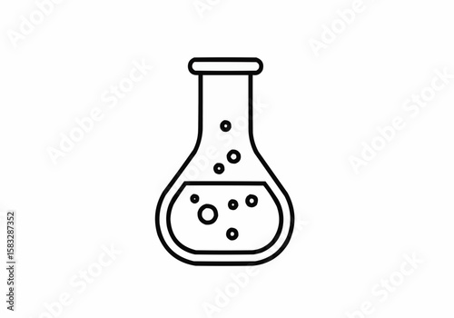 Illustration of a laboratory flask with liquid and bubbles in black outline on a white background