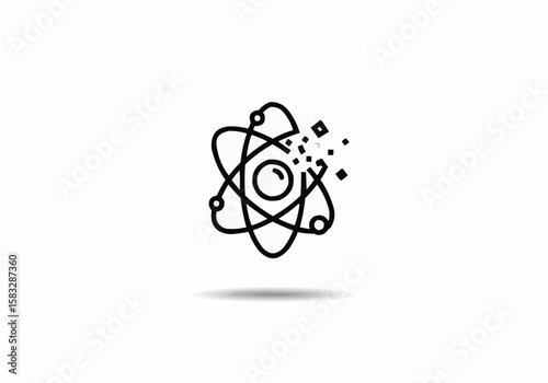 Black and white atom with electrons orbiting the nucleus and particle disintegration effect on side
