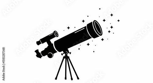 A black and white vector illustration of a telescope on a tripod with stars in the background