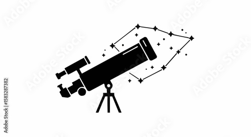 Illustration of a telescope on a tripod pointing towards a constellation with many stars visible