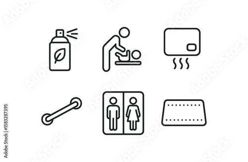Bathroom icon set: soap dispenser, changing station, hand dryer, towel rod, restroom signs, floor mat