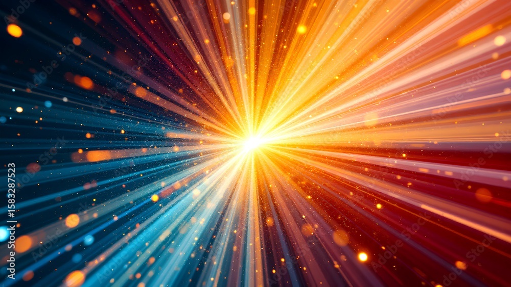 Naklejka premium A vibrant digital explosion of radiant light beams and colorful particles creating a dynamic and energetic abstract visual effect.