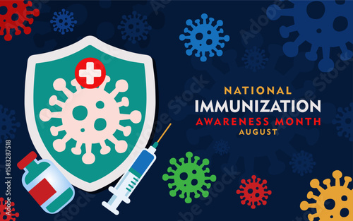 National Immunization awareness month. August celebrates immunization month banner or poster with protection shield, syringes, vaccine bottles, virus icons. Best for banners, posters, and social media