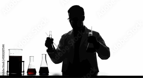 Silhouette of scientist in lab coat holding beakers and flasks with colored liquids in a laboratory