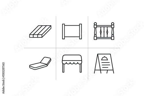Icon set: armchair, speakers, menu, cabinet, dining table, picture frame