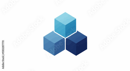 Three dimensional arrangement of three cubes with varying shades of blue on a white background