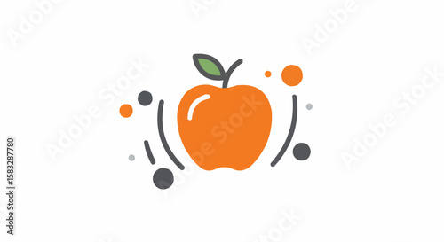 Illustration of an orange apple with a green leaf surrounded by dots and curved lines design element