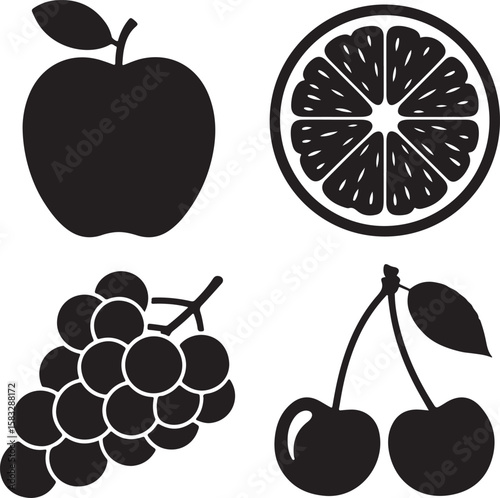 Apple orange slice grapes cherries black
