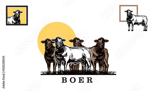 GREAT BOER GOAT AT INDONESIAN FARM, silhouette of happy and strong ram vector illustrations