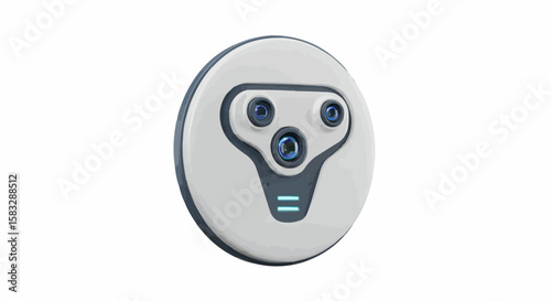 Close up of a white and gray robot vacuum cleaner with three blue lenses on a white background