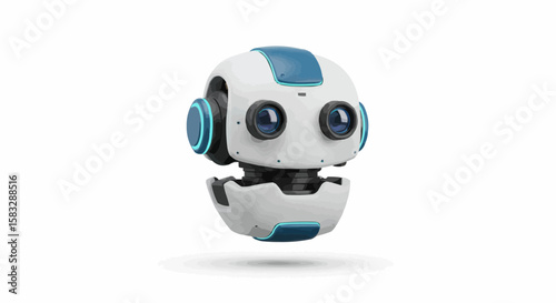 Close up of a white and blue robot head with large eyes and headphone like structures on the sides