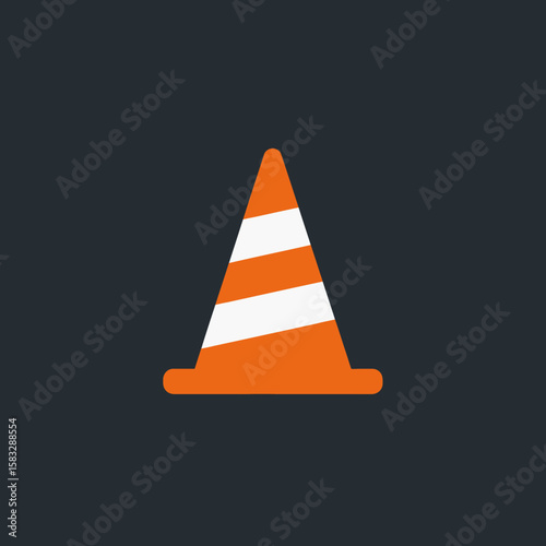 A vibrant orange traffic cone with reflective white stripes stands prominently as a clear warning or construction symbol on a dark, minimalist background.