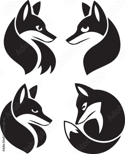 Four stylized fox heads in a minimalist black and white silhouette design