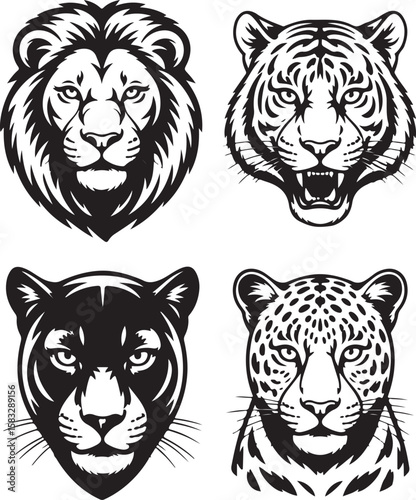 Four big cat heads lion tiger panther leopard stylized silhouette