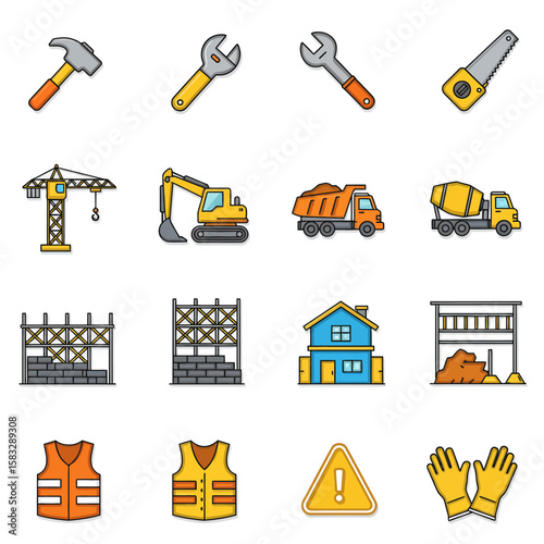 A collection of colorful construction tools and equipment icons, including a hammer, wrench, saw, crane, excavator, and truck, perfect for design projects.