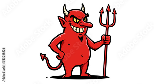 Cartoon Red Devil Character with Trident and Evil Grin Illustration
