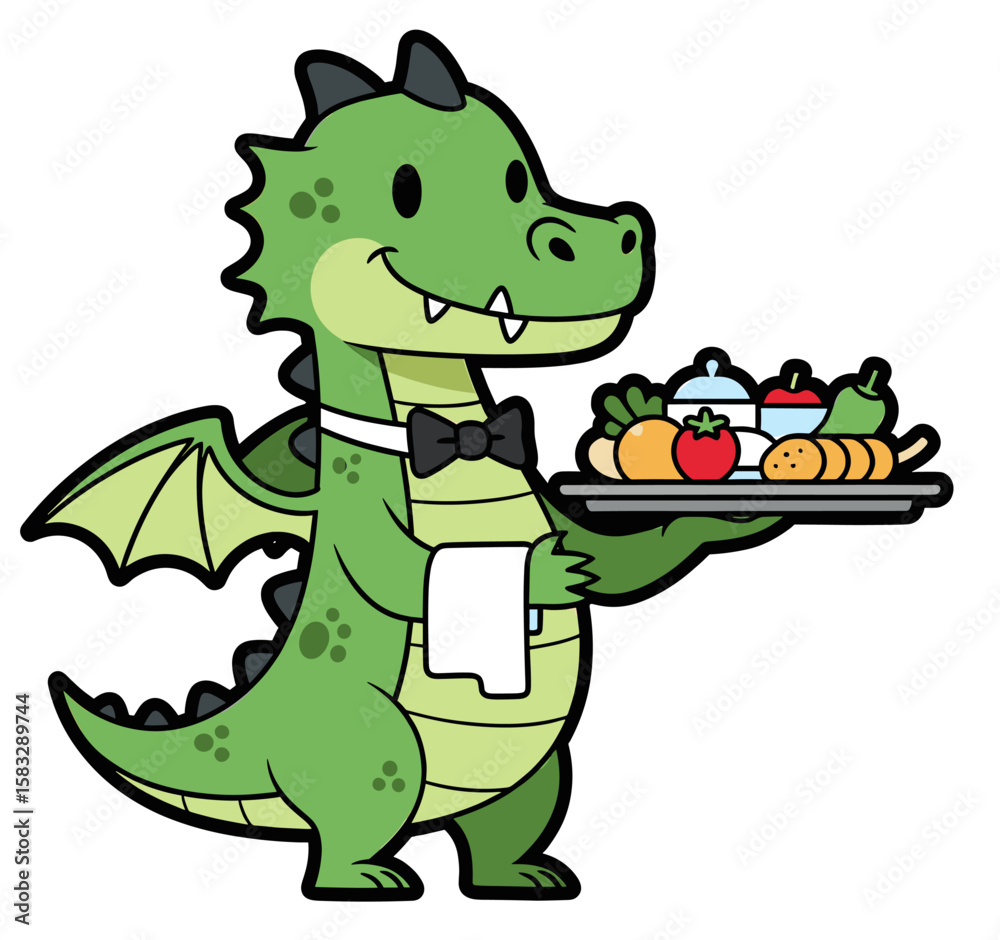 Fototapeta premium Cartoon dragon waiter with food tray