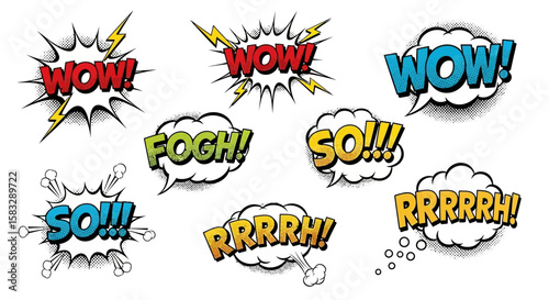 Comic Book Style Speech Bubbles with Exclamations "WOW!", "SO!!!", "FOGH!", "RRRRRH!"