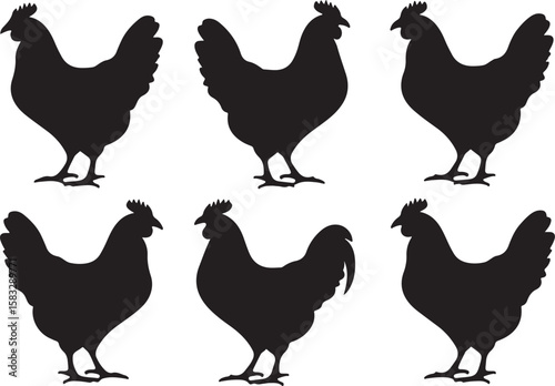 Collection of six black rooster silhouettes facing different directions silhouette