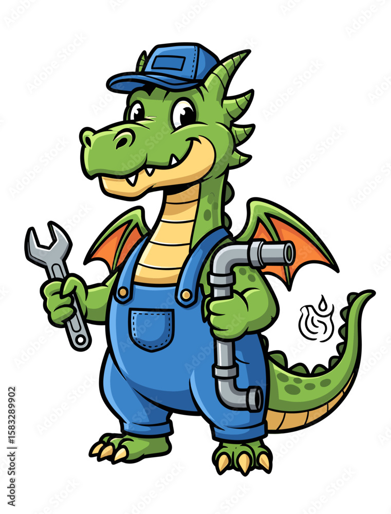 Fototapeta premium Cartoon dragon plumber with wrench