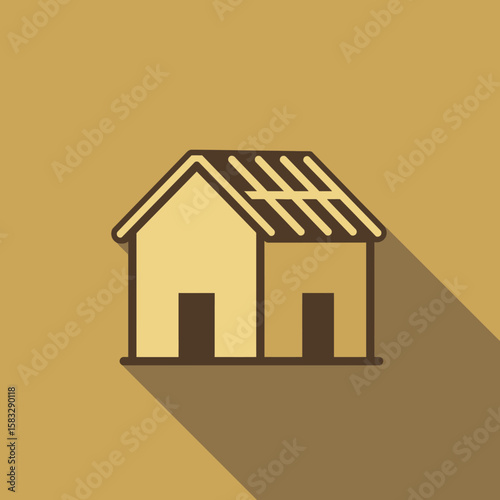 Stylized vector illustration of a simple house icon with a long shadow, perfect for real estate, construction, or home-themed designs on a tan background.