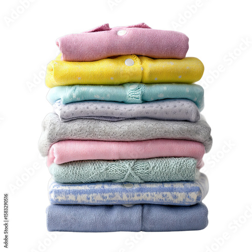 Stack of children’s folded clothes in soft colors. Isolated white background. Png format