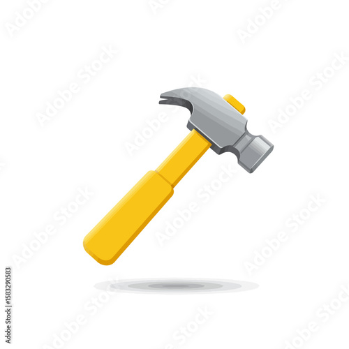 Isolated vector illustration of a yellow and gray hammer tool, casting a soft shadow on a clean white background, ideal for construction or DIY designs.