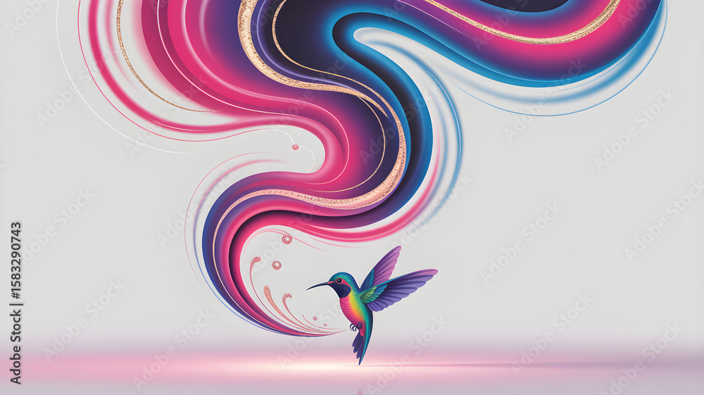 Obraz premium Vivid neon smoke with shimmering gold and a glowing hummingbird—perfect for web design, album art, NFTs, social media, branding, posters, motion graphics, and decor.
